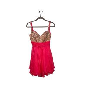 Women's 0 Y2K Short Prom Dress La Femme Rhinestone Tulle Hot Pink Dance Sparkle